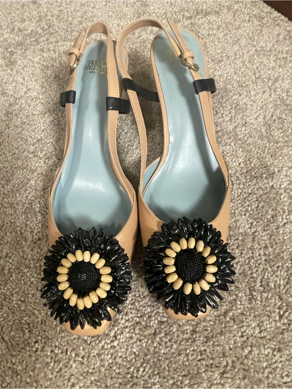 Frances Valentine Nude Slingback Pumps with Black & Cream Beaded Floral Accent